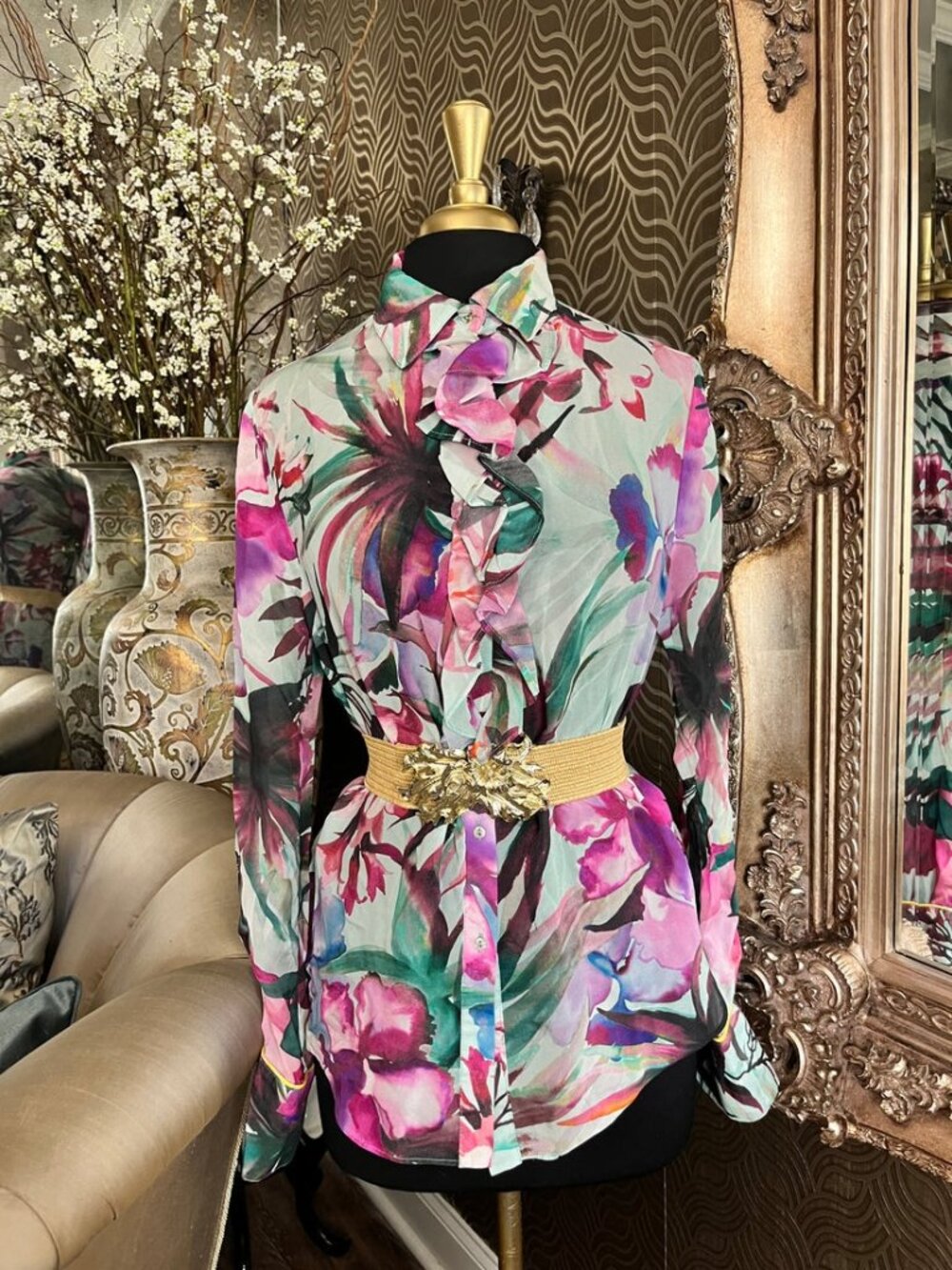 Robert Graham sheer ruffled front vibrant floral print blouse